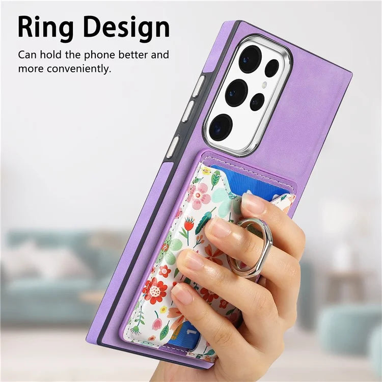 E4 for Samsung Galaxy S22 Ultra 5G Case with Card Holder Leather Coated TPU Kickstand Phone Cover