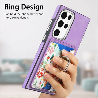 E4 for Samsung Galaxy S22 Ultra 5G Case with Card Holder Leather Coated TPU Kickstand Phone Cover
