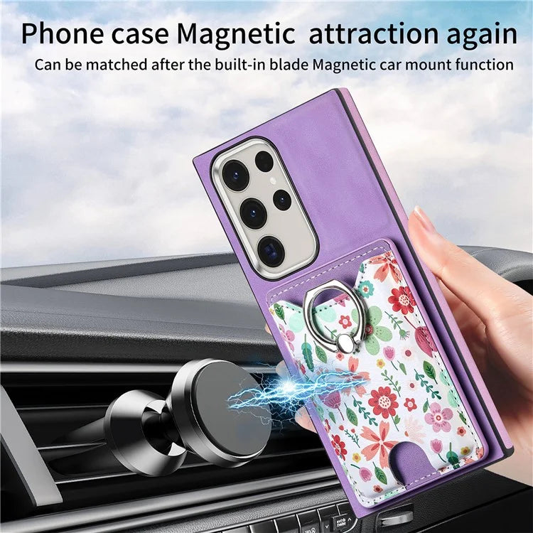 E4 for Samsung Galaxy S22 Ultra 5G Case with Card Holder Leather Coated TPU Kickstand Phone Cover