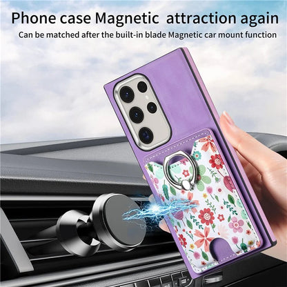 E4 for Samsung Galaxy S22 Ultra 5G Case with Card Holder Leather Coated TPU Kickstand Phone Cover