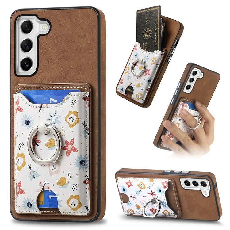 E4 for Samsung Galaxy S21 FE 5G Case Kickstand Leather Coated TPU Pattern Back Cover