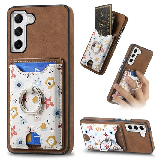 E4 for Samsung Galaxy S21 FE 5G Case Kickstand Leather Coated TPU Pattern Back Cover