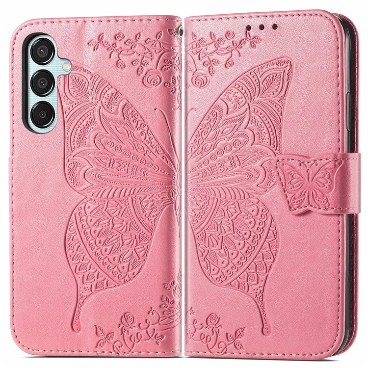 For Samsung Galaxy M15 5G Case Butterfly Pattern PU Leather Hand Strap Wallet Purse Phone Cover