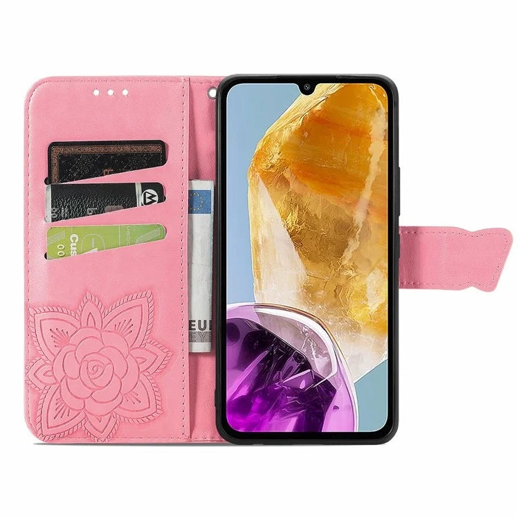 For Samsung Galaxy M15 5G Case Butterfly Pattern PU Leather Hand Strap Wallet Purse Phone Cover