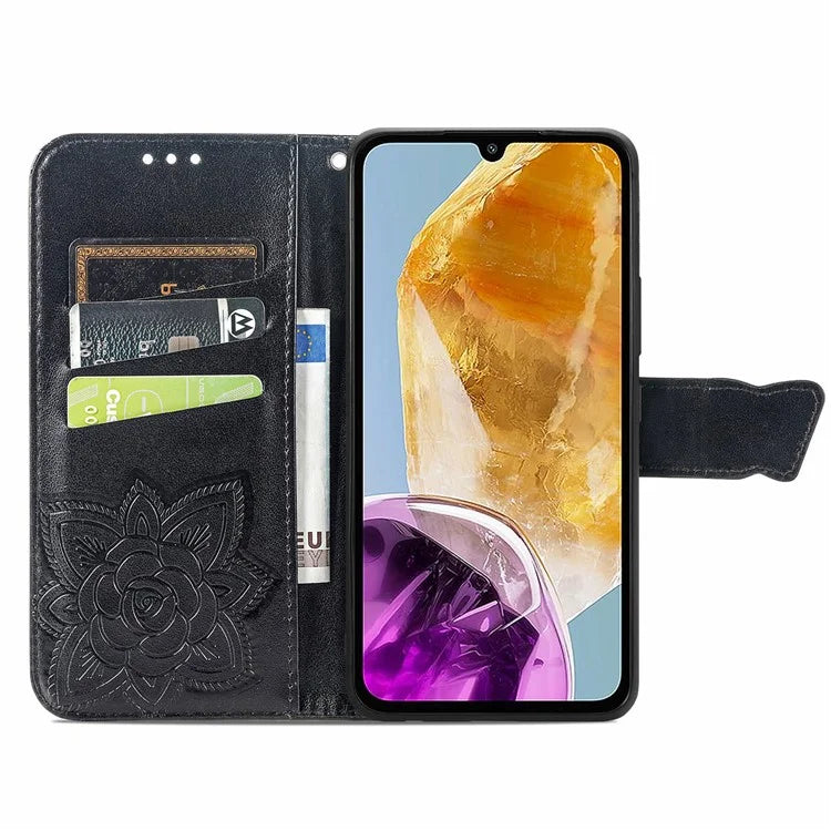 For Samsung Galaxy M15 5G Case Butterfly Pattern PU Leather Hand Strap Wallet Purse Phone Cover