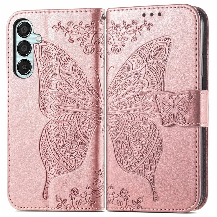 For Samsung Galaxy M15 5G Case Butterfly Pattern PU Leather Hand Strap Wallet Purse Phone Cover
