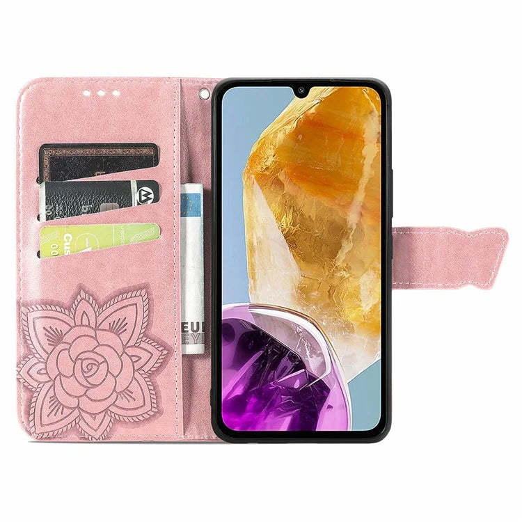 For Samsung Galaxy M15 5G Case Butterfly Pattern PU Leather Hand Strap Wallet Purse Phone Cover