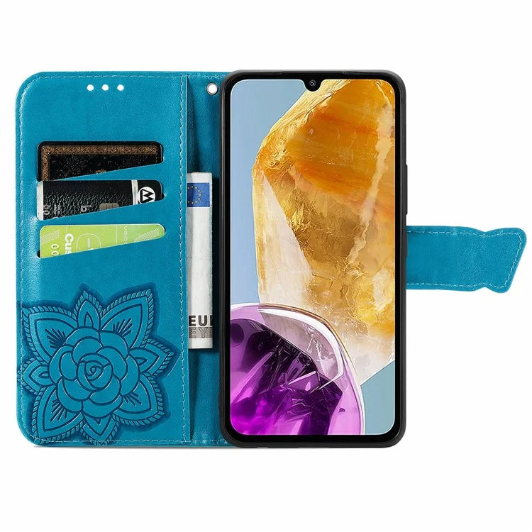 For Samsung Galaxy M15 5G Case Butterfly Pattern PU Leather Hand Strap Wallet Purse Phone Cover