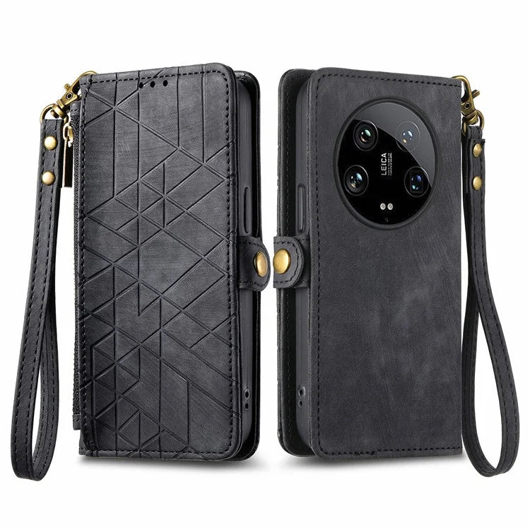 For Xiaomi 14 Ultra Leather Case Zipper Pocket Wallet  Geometry Phone Cover with Strap
