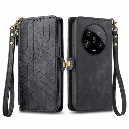 For Xiaomi 14 Ultra Leather Case Zipper Pocket Wallet  Geometry Phone Cover with Strap