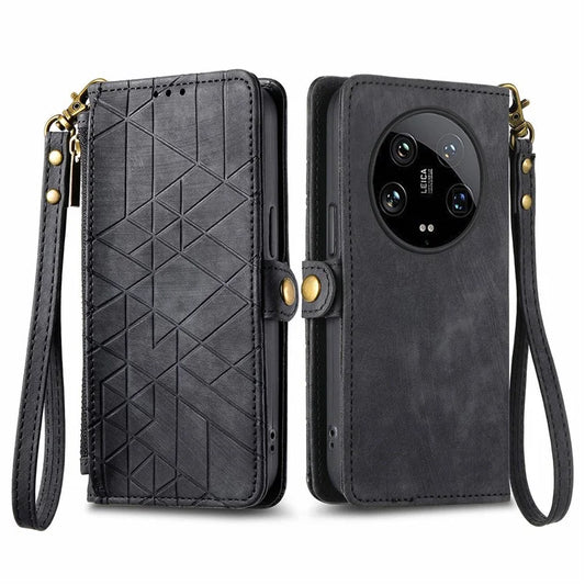 For Xiaomi 14 Ultra Leather Case Zipper Pocket Wallet  Geometry Phone Cover with Strap