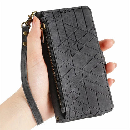 For Xiaomi 14 Ultra Leather Case Zipper Pocket Wallet  Geometry Phone Cover with Strap