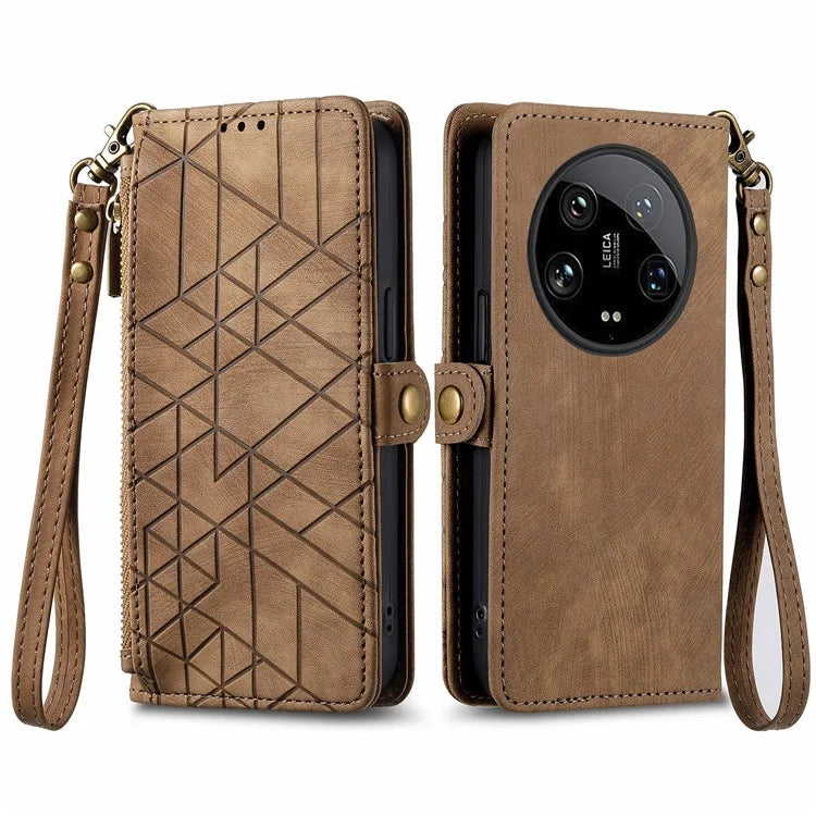 For Xiaomi 14 Ultra Leather Case Zipper Pocket Wallet  Geometry Phone Cover with Strap