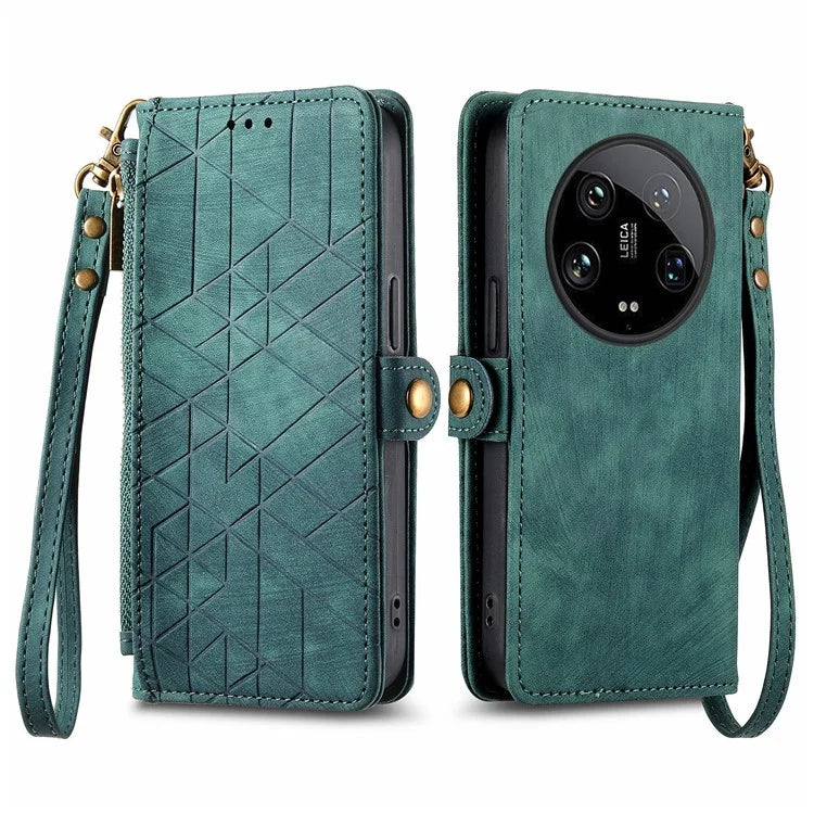 For Xiaomi 14 Ultra Leather Case Zipper Pocket Wallet  Geometry Phone Cover with Strap
