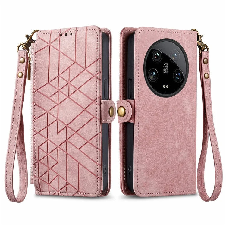 For Xiaomi 14 Ultra Leather Case Zipper Pocket Wallet  Geometry Phone Cover with Strap