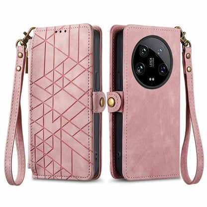 For Xiaomi 14 Ultra Leather Case Zipper Pocket Wallet  Geometry Phone Cover with Strap