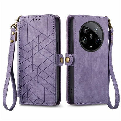 For Xiaomi 14 Ultra Leather Case Zipper Pocket Wallet  Geometry Phone Cover with Strap