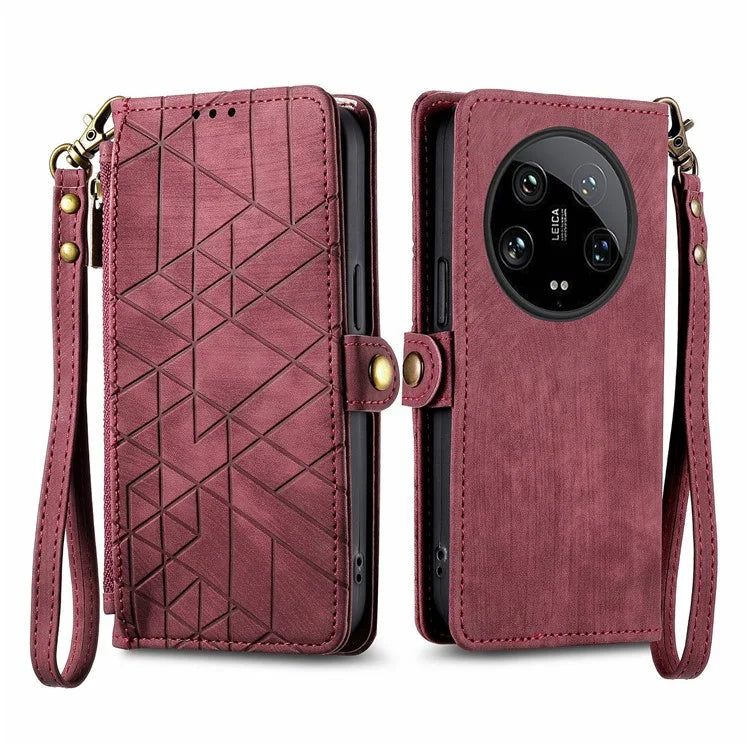 For Xiaomi 14 Ultra Leather Case Zipper Pocket Wallet  Geometry Phone Cover with Strap