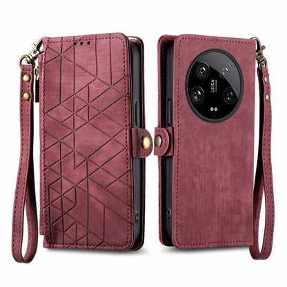 For Xiaomi 14 Ultra Leather Case Zipper Pocket Wallet  Geometry Phone Cover with Strap