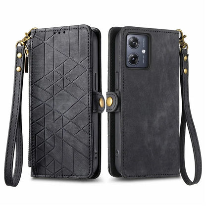 For Motorola Moto G54 5G Leather Case Zipper Pocket Wallet Geometry Flip Phone Cover