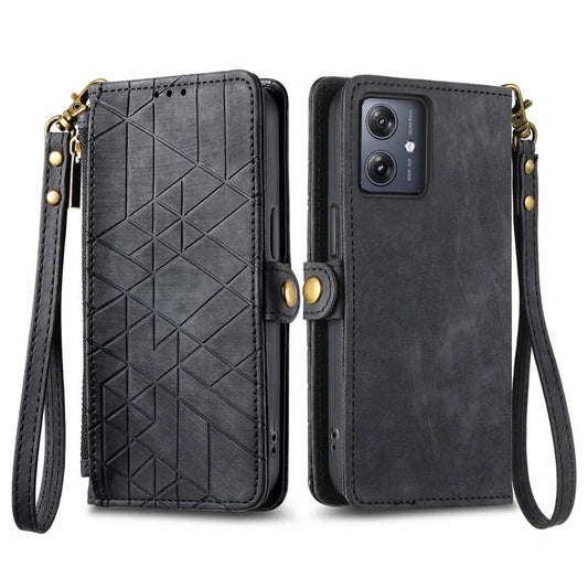 For Motorola Moto G54 5G Leather Case Zipper Pocket Wallet Geometry Flip Phone Cover