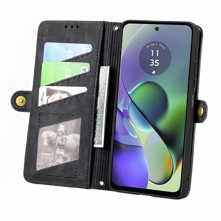 For Motorola Moto G54 5G Leather Case Zipper Pocket Wallet Geometry Flip Phone Cover