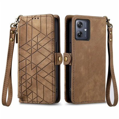 For Motorola Moto G54 5G Leather Case Zipper Pocket Wallet Geometry Flip Phone Cover