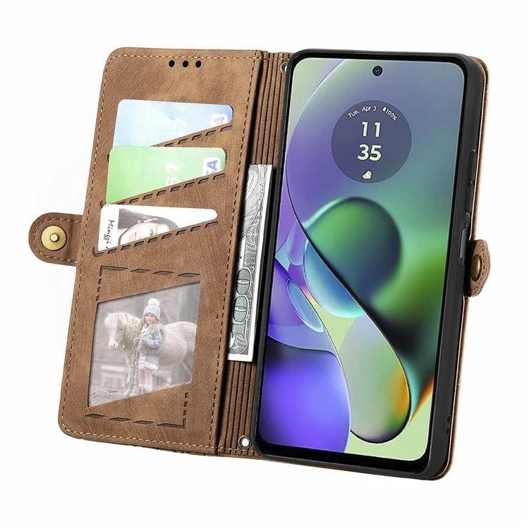 For Motorola Moto G54 5G Leather Case Zipper Pocket Wallet Geometry Flip Phone Cover