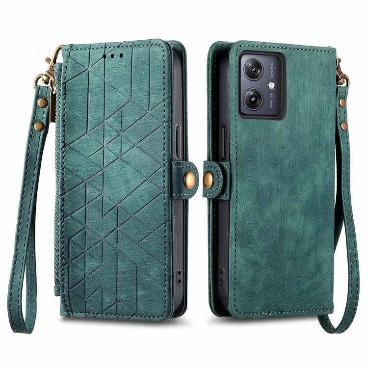For Motorola Moto G54 5G Leather Case Zipper Pocket Wallet Geometry Flip Phone Cover