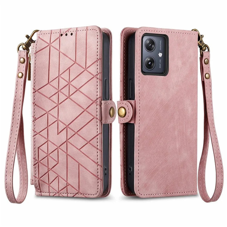 For Motorola Moto G54 5G Leather Case Zipper Pocket Wallet Geometry Flip Phone Cover