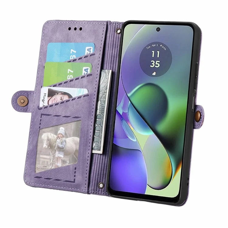 For Motorola Moto G54 5G Leather Case Zipper Pocket Wallet Geometry Flip Phone Cover