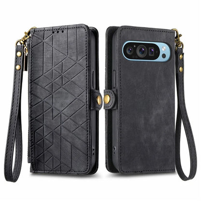 Leather Case for Google Pixel 9 / Pixel 9 Pro Zipper Pocket Wallet Geometry Flip Phone Cover
