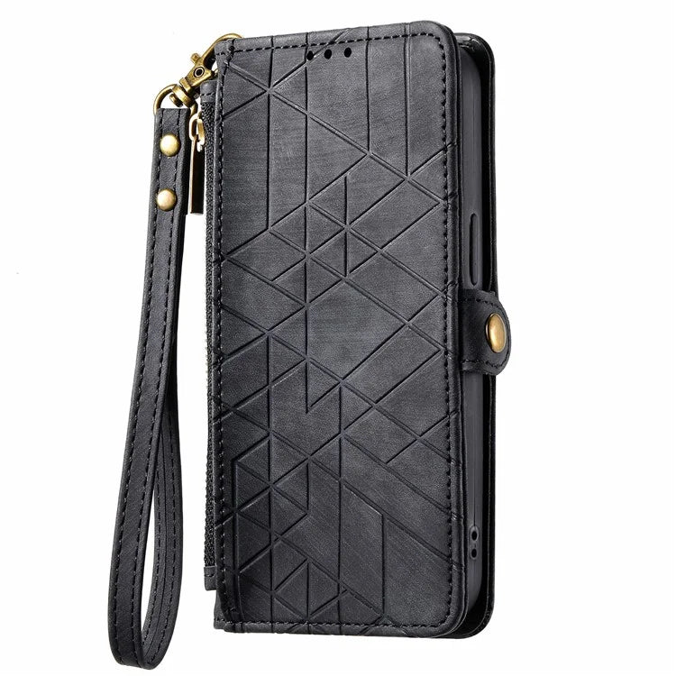 Leather Case for Google Pixel 9 / Pixel 9 Pro Zipper Pocket Wallet Geometry Flip Phone Cover