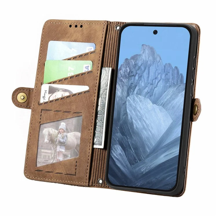 Leather Case for Google Pixel 9 / Pixel 9 Pro Zipper Pocket Wallet Geometry Flip Phone Cover