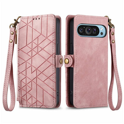 Leather Case for Google Pixel 9 / Pixel 9 Pro Zipper Pocket Wallet Geometry Flip Phone Cover