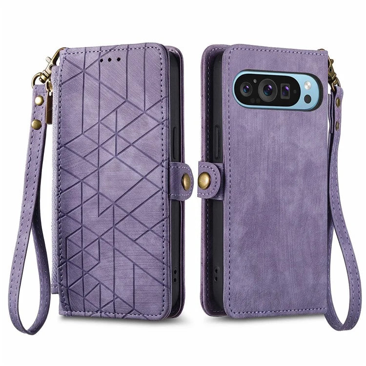 Leather Case for Google Pixel 9 / Pixel 9 Pro Zipper Pocket Wallet Geometry Flip Phone Cover