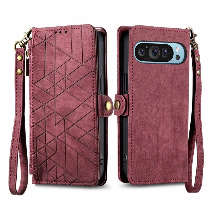 Leather Case for Google Pixel 9 / Pixel 9 Pro Zipper Pocket Wallet Geometry Flip Phone Cover