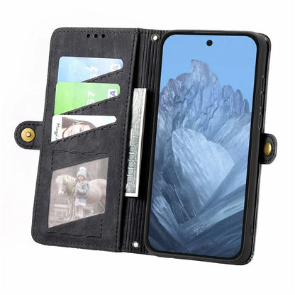 Leather Case for Google Pixel 9 Pro XL Zipper Pocket Geometry Mobile Phone Wallet Cover