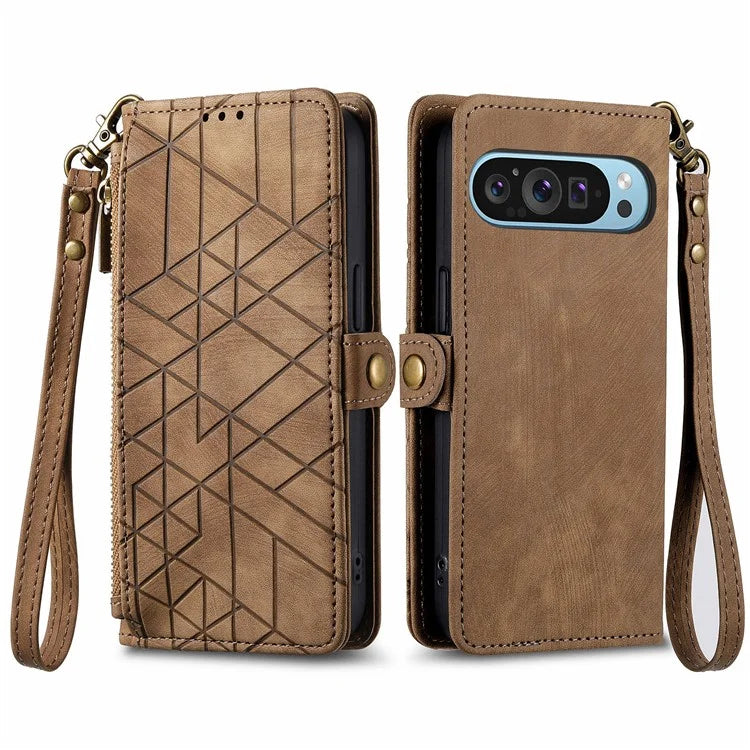Leather Case for Google Pixel 9 Pro XL Zipper Pocket Geometry Mobile Phone Wallet Cover