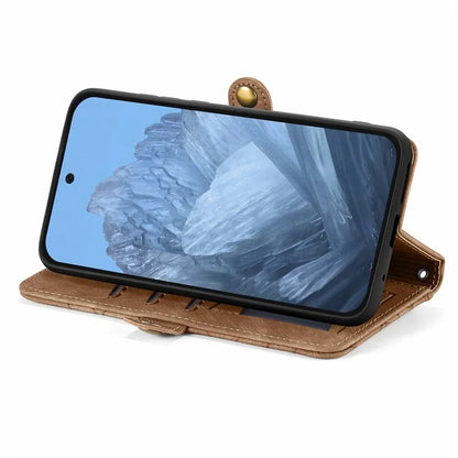 Leather Case for Google Pixel 9 Pro XL Zipper Pocket Geometry Mobile Phone Wallet Cover