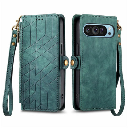 Leather Case for Google Pixel 9 Pro XL Zipper Pocket Geometry Mobile Phone Wallet Cover