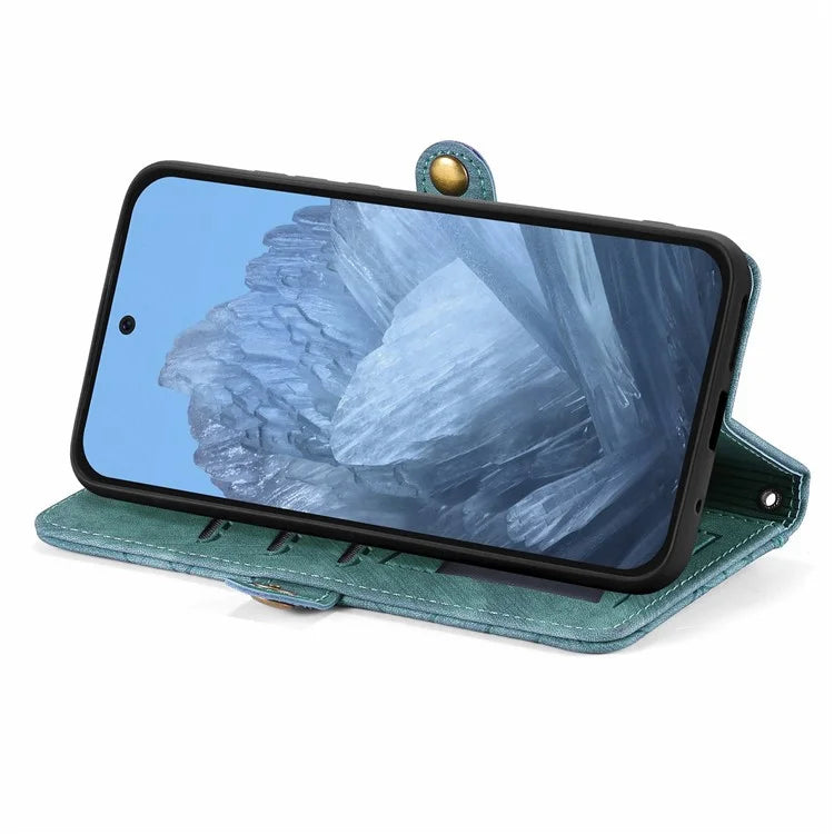 Leather Case for Google Pixel 9 Pro XL Zipper Pocket Geometry Mobile Phone Wallet Cover