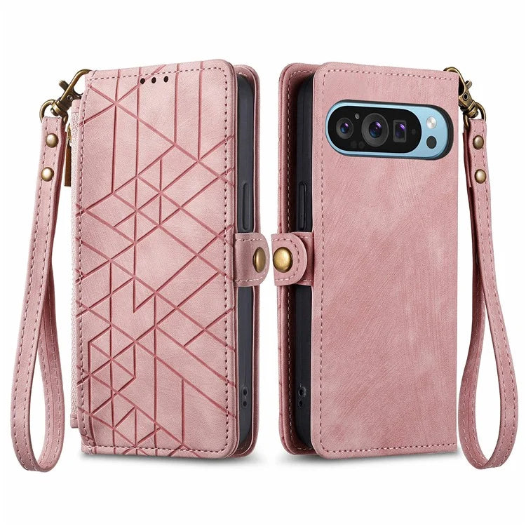 Leather Case for Google Pixel 9 Pro XL Zipper Pocket Geometry Mobile Phone Wallet Cover