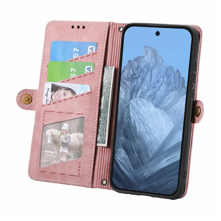 Leather Case for Google Pixel 9 Pro XL Zipper Pocket Geometry Mobile Phone Wallet Cover