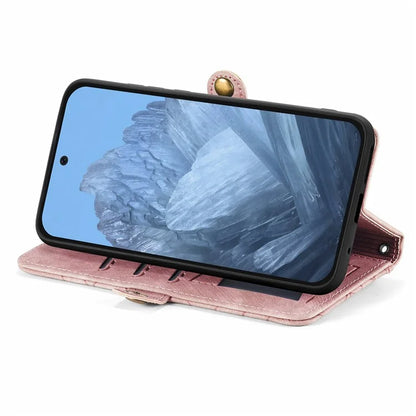 Leather Case for Google Pixel 9 Pro XL Zipper Pocket Geometry Mobile Phone Wallet Cover