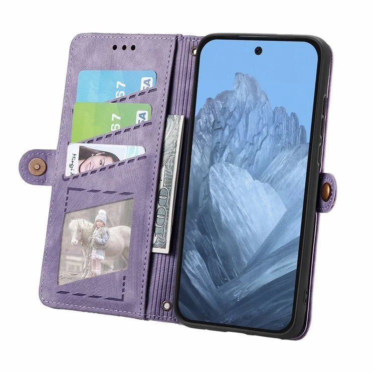 Leather Case for Google Pixel 9 Pro XL Zipper Pocket Geometry Mobile Phone Wallet Cover