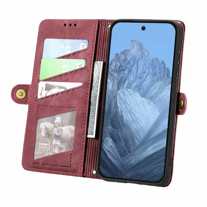 Leather Case for Google Pixel 9 Pro XL Zipper Pocket Geometry Mobile Phone Wallet Cover
