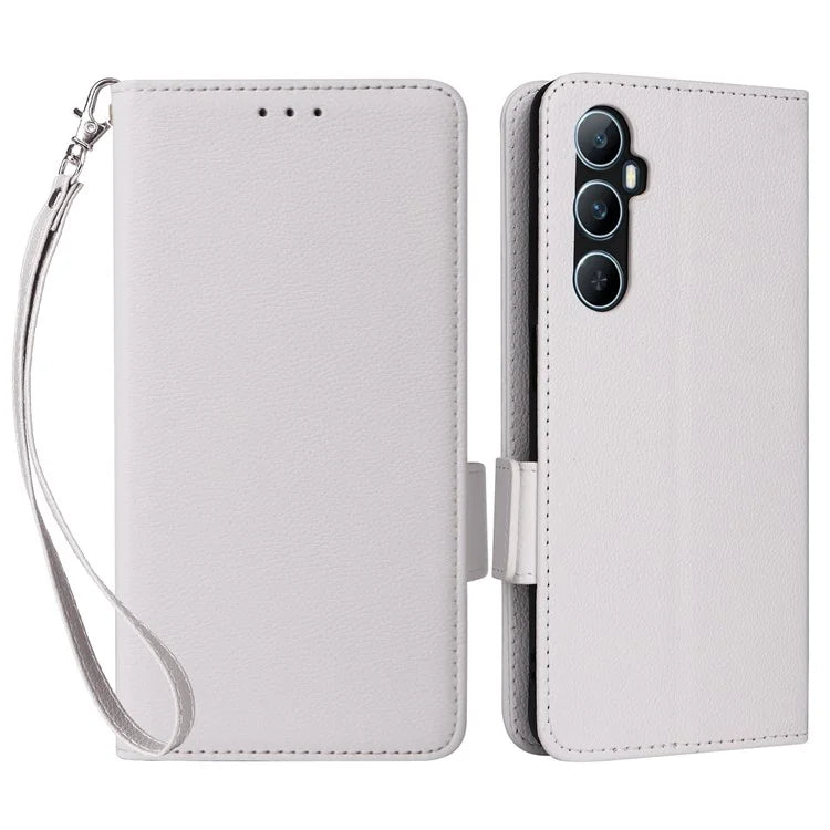 For Realme C65 4G Case Litchi Texture Leather Smart Phone Cover with Handy Strap