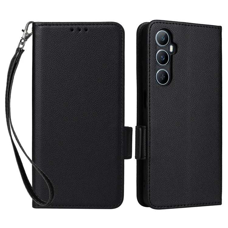 For Realme C65 4G Case Litchi Texture Leather Smart Phone Cover with Handy Strap