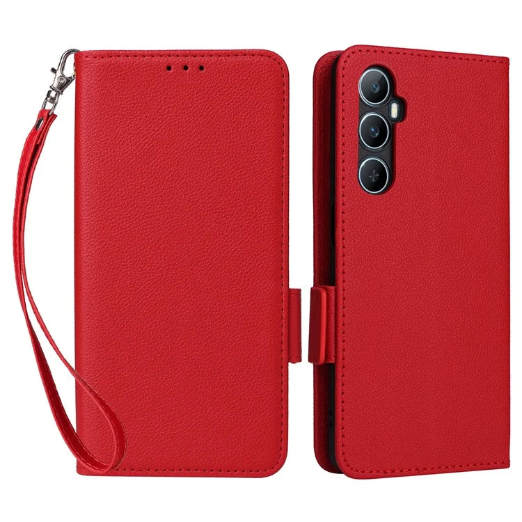 For Realme C65 4G Case Litchi Texture Leather Smart Phone Cover with Handy Strap